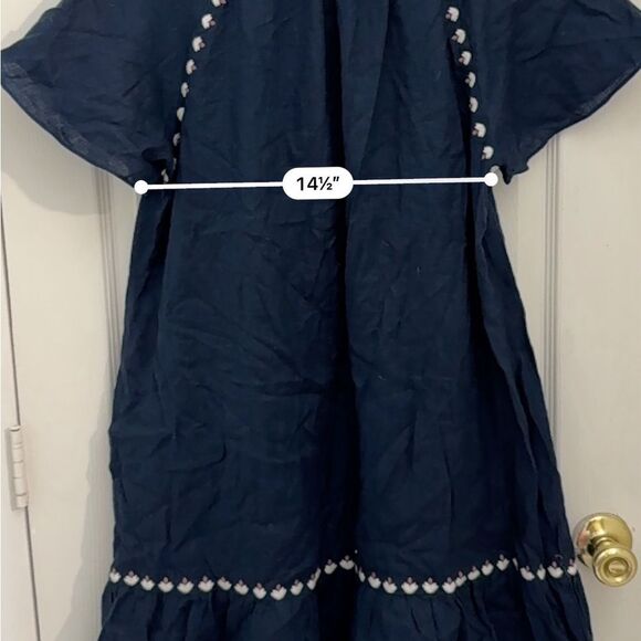 Madewell Embroidered Linen-Blend Raglan Ruffle Mini Dress Size Medium Deep Navy - Picture 6 of 7